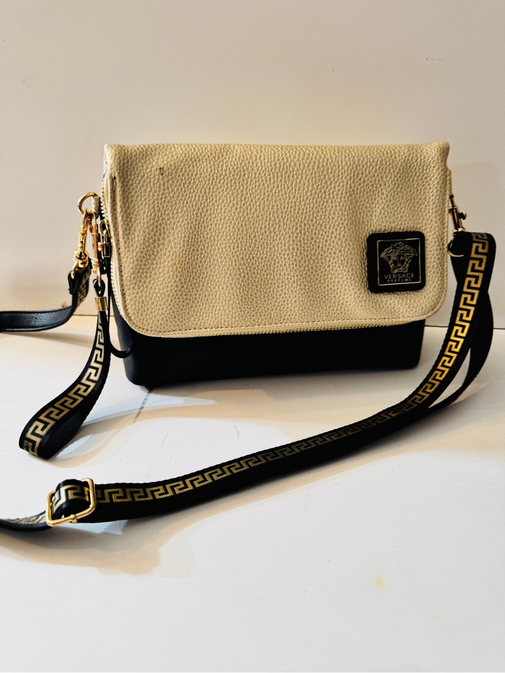 Versace Cream and Black Textured Flap Crossbody with Greek Key Strap